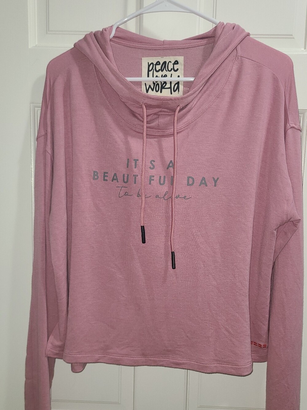 Peace Love World Pink Hooded Long-Sleeve Tee